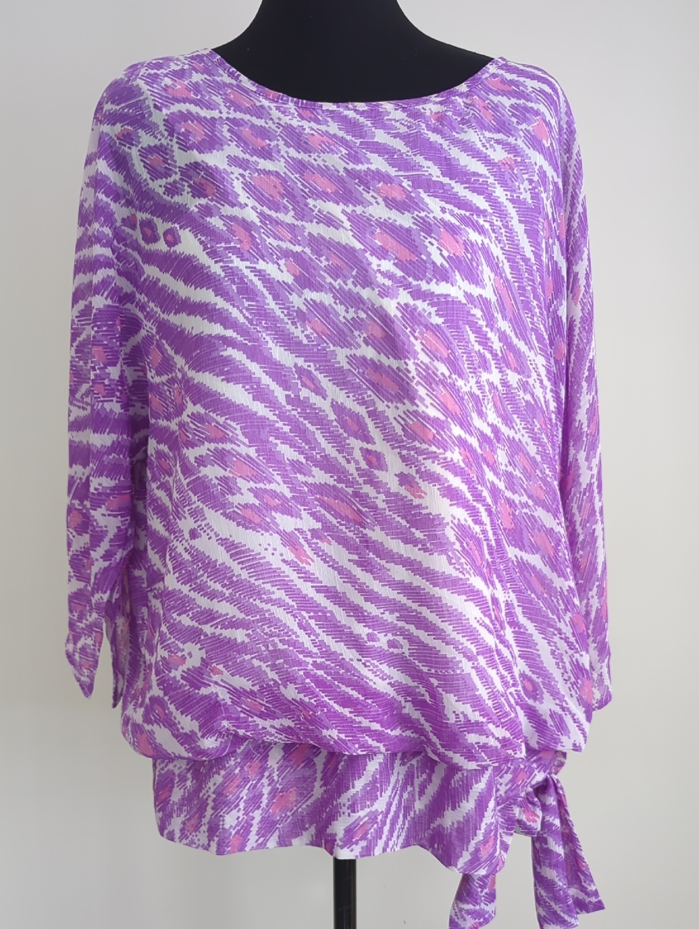 Vintage Bob Mackie Wearable Art Purple Abstract Animal Ikat Print Blouse LARGE